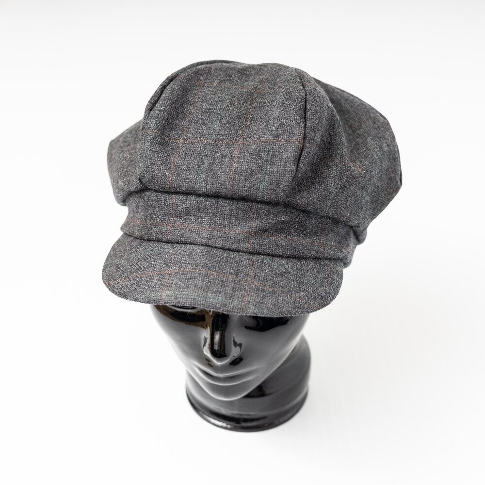 Upcycled Vintage Wool Gray Plaid Newsboy Cap Paperboy Hat Cabbie Hat